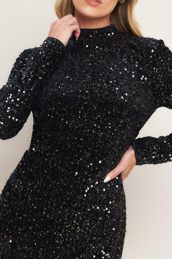 WHIMS OF FATE SEQUIN MINI DRESS.