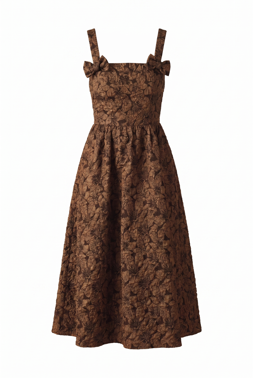 A brown textured woven midi dress featuring straight neckline, strap with bow, full skirt with back zipper closure on a white background | Flying Tomato