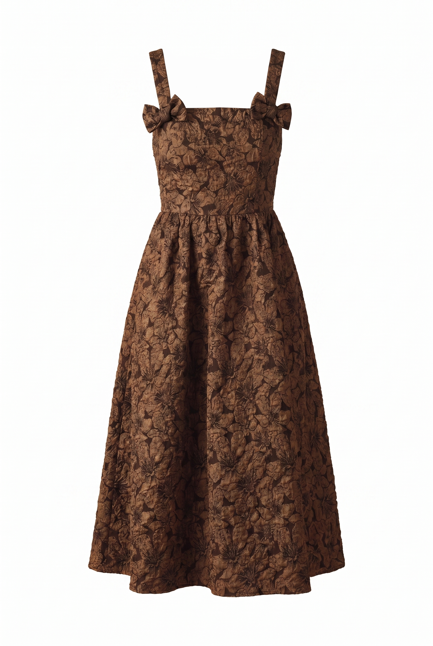 A brown textured woven midi dress featuring straight neckline, strap with bow, full skirt with back zipper closure on a white background | Flying Tomato
