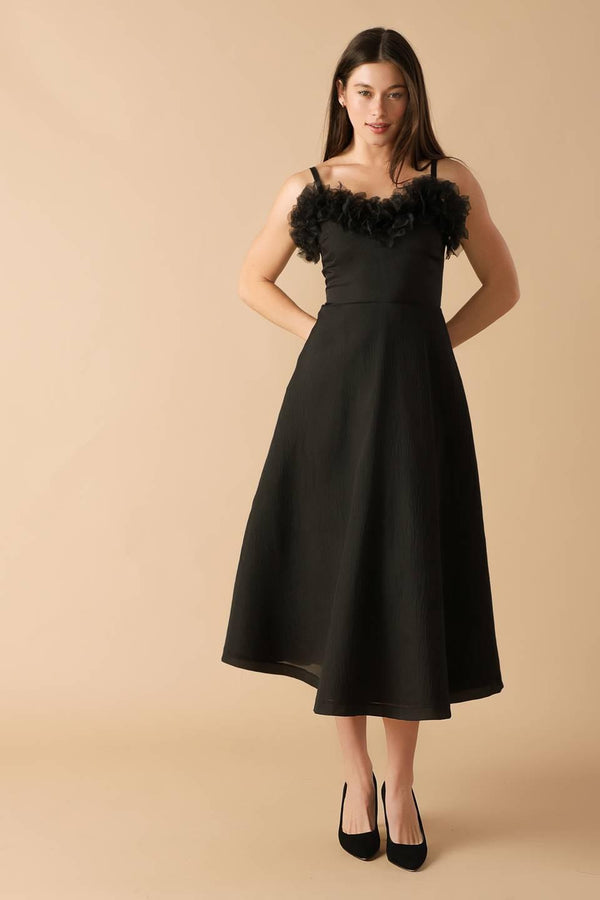 WHISPERING PINES WOVEN MIDI DRESS.