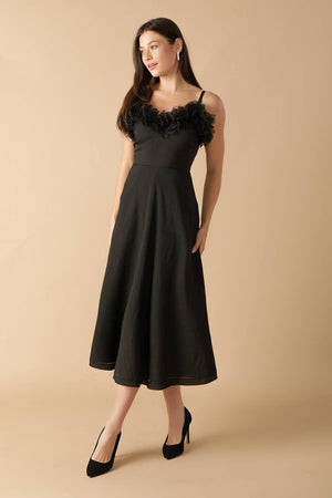 WHISPERING PINES WOVEN MIDI DRESS.