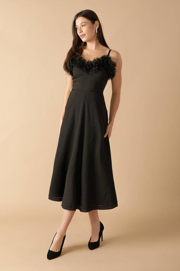 WHISPERING PINES WOVEN MIDI DRESS.