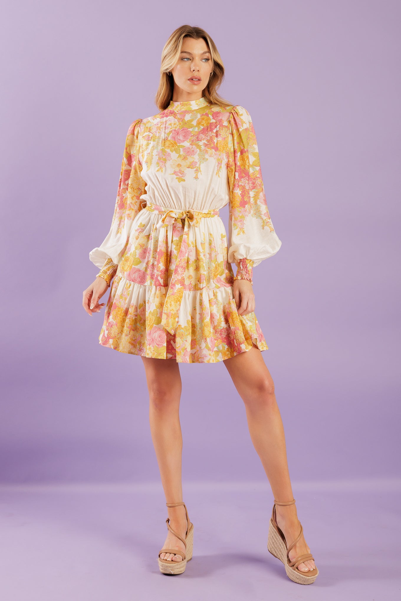 A printed woven mini dress featuring high neckline, long sleeve with smocked cuff, elasticized waist, ruffled hemline and back neck button closure.