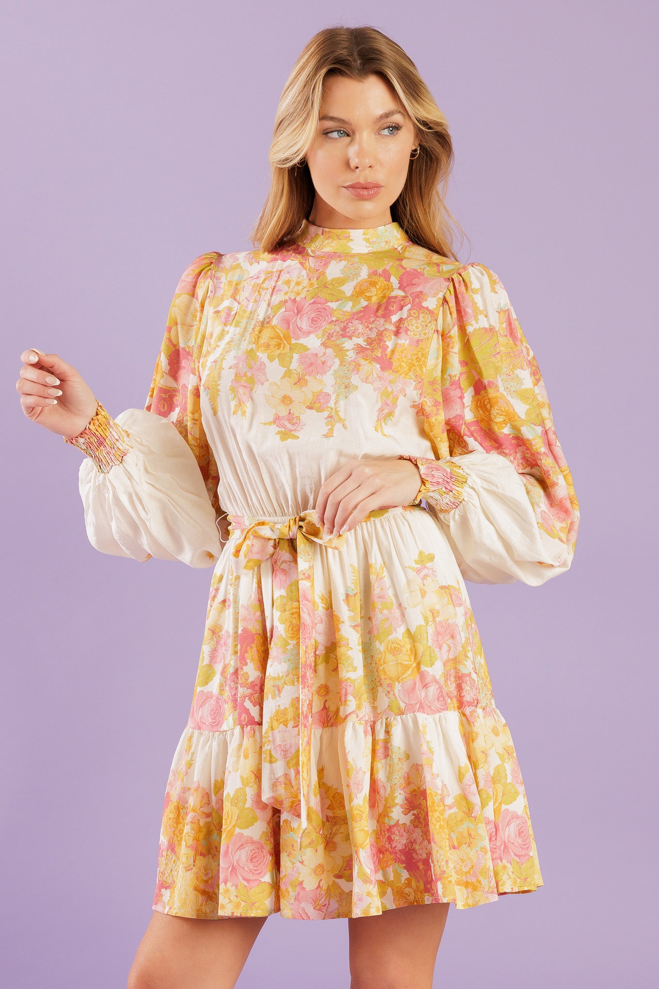 A printed woven mini dress featuring high neckline, long sleeve with smocked cuff, elasticized waist, ruffled hemline and back neck button closure.