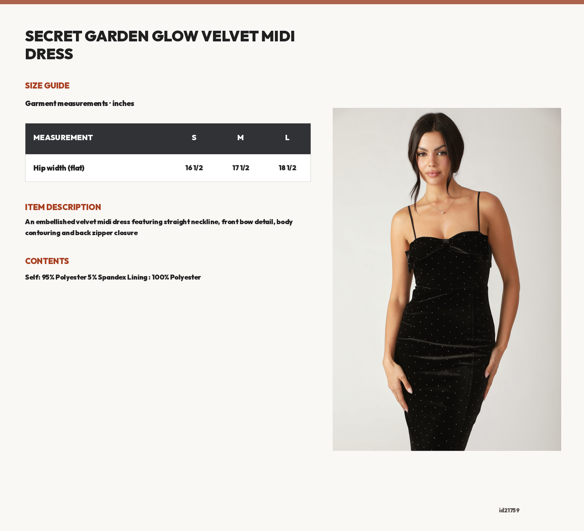 SECRET GARDEN GLOW VELVET MIDI DRESS size chart