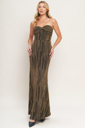 SACRED PROMISES METALLIC WOVEN MAXI DRESS.