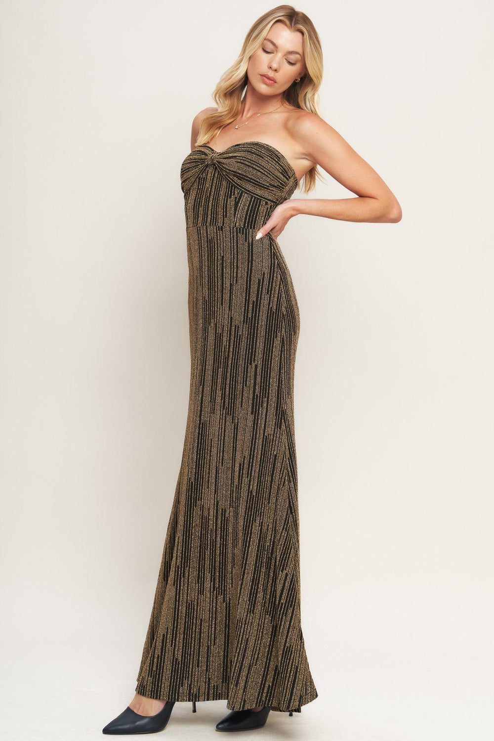 SACRED PROMISES METALLIC WOVEN MAXI DRESS.