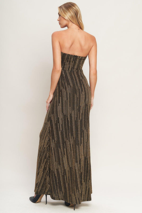 SACRED PROMISES METALLIC WOVEN MAXI DRESS.