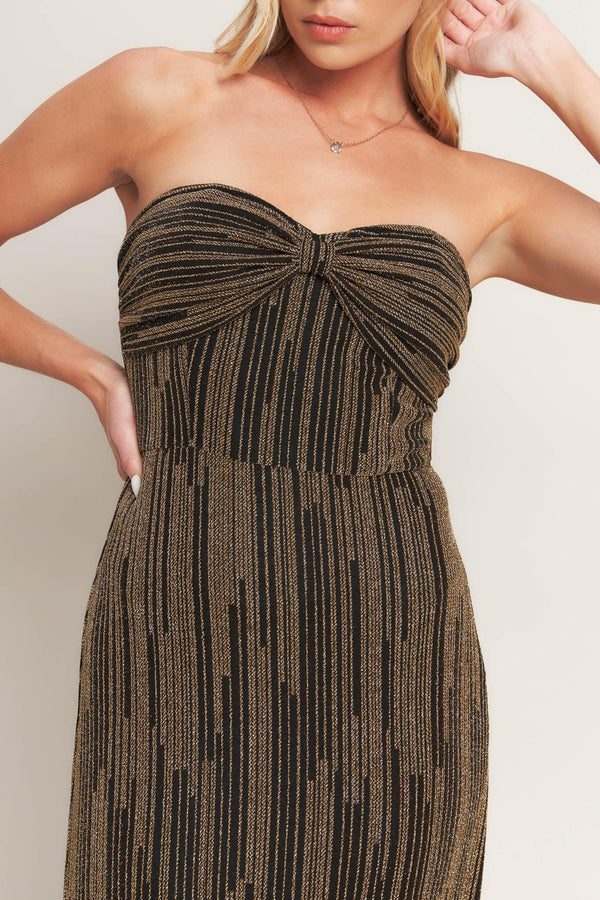 SACRED PROMISES METALLIC WOVEN MAXI DRESS.