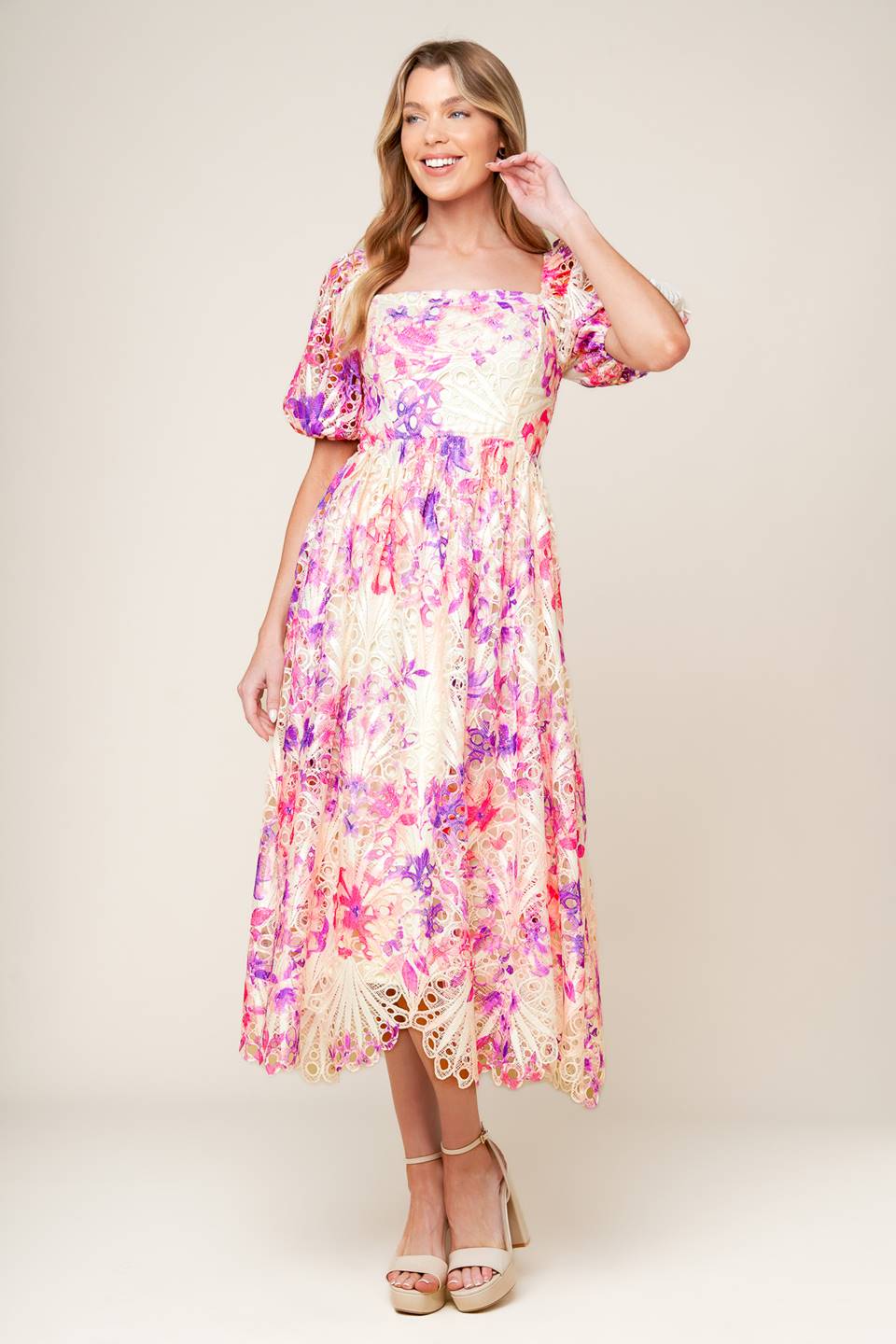 EPITOME OF ALLURE FLORAL WOVEN MIDI DRESS