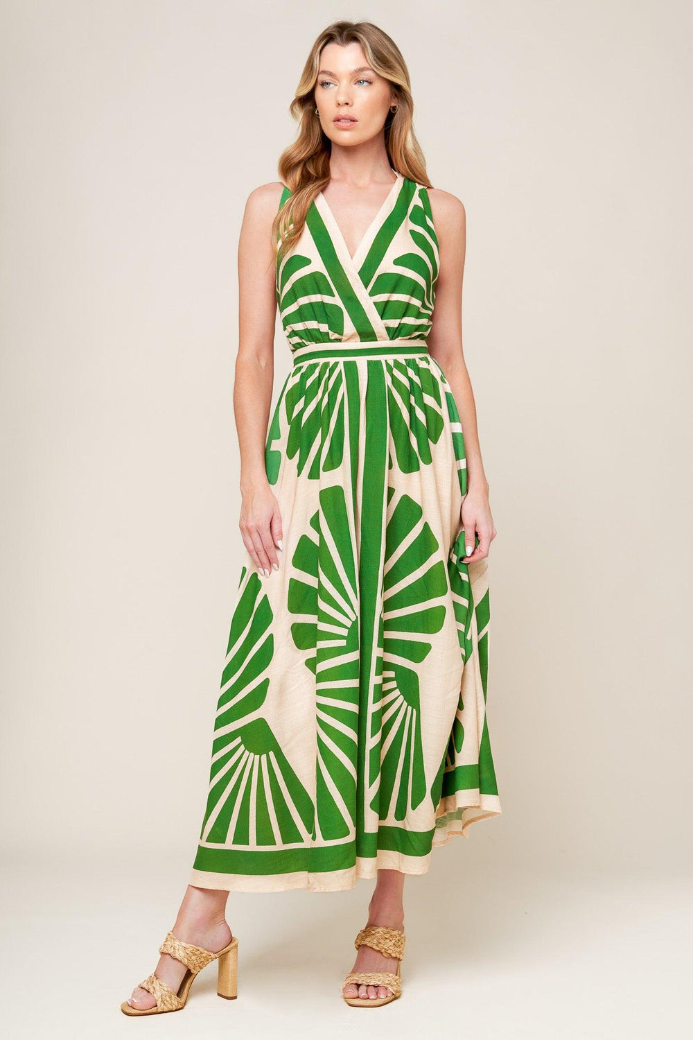 SWEPT ME OFF MY FEET GREEN WOVEN MIDI DRESS.