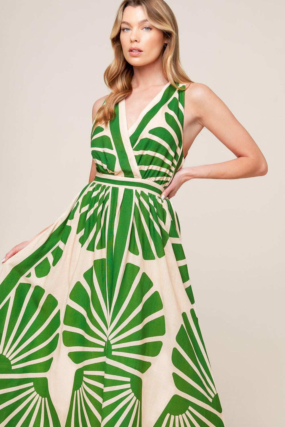 SWEPT ME OFF MY FEET GREEN WOVEN MIDI DRESS.