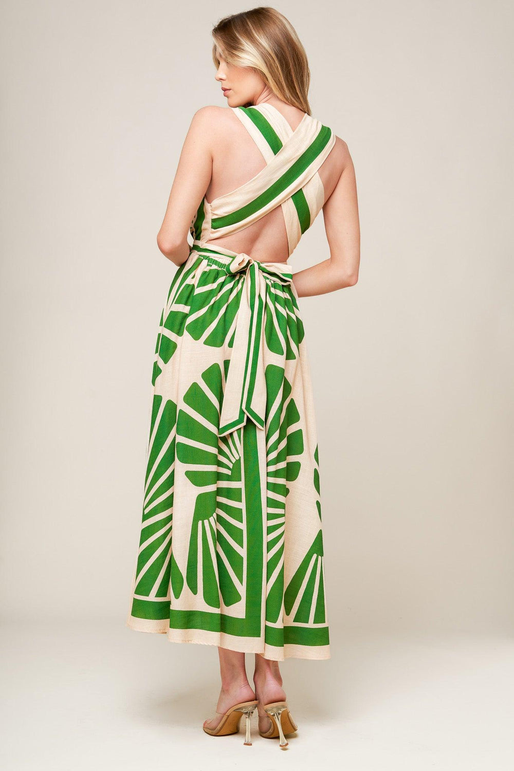 SWEPT ME OFF MY FEET GREEN WOVEN MIDI DRESS.
