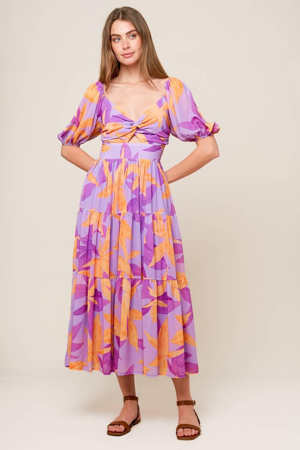 BLOOMING BRUNCH WOVEN MIDI DRESS l FLYING TOMATO LAVENDER ORANGE / M BLOOMING BRUNCH WOVEN MIDI DRESS l FLYING TOMATO LAVENDER ORANGE / M