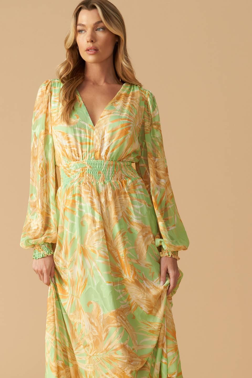 
A printed woven maxi dress featuring V neckline, long sleeve with smocked cuff and smocked waistband

Details:

Self : 100% Polyester
Lining : 100% Polyester

Size &amp; Fit

- Model is 5`10" And Wearing Size Small
- Measurements Taken From Size Small
- Approx. Length: 60"
