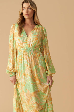 
A printed woven maxi dress featuring V neckline, long sleeve with smocked cuff and smocked waistband

Details:

Self : 100% Polyester
Lining : 100% Polyester

Size &amp; Fit

- Model is 5`10" And Wearing Size Small
- Measurements Taken From Size Small
- Approx. Length: 60"