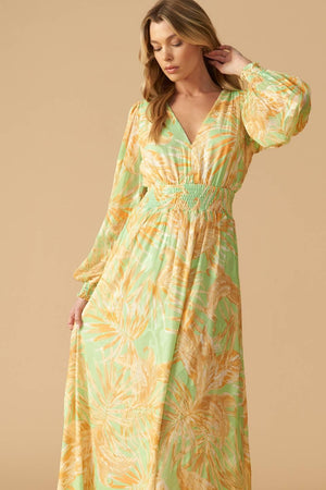 
A printed woven maxi dress featuring V neckline, long sleeve with smocked cuff and smocked waistband

Details:

Self : 100% Polyester
Lining : 100% Polyester

Size &amp; Fit

- Model is 5`10" And Wearing Size Small
- Measurements Taken From Size Small
- Approx. Length: 60"