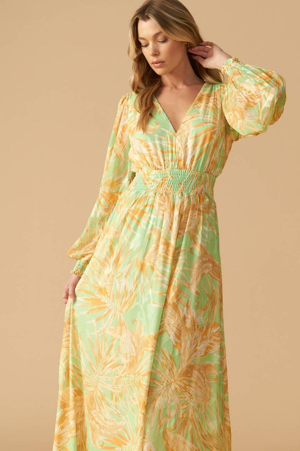 
A printed woven maxi dress featuring V neckline, long sleeve with smocked cuff and smocked waistband

Details:

Self : 100% Polyester
Lining : 100% Polyester

Size &amp; Fit

- Model is 5`10" And Wearing Size Small
- Measurements Taken From Size Small
- Approx. Length: 60"