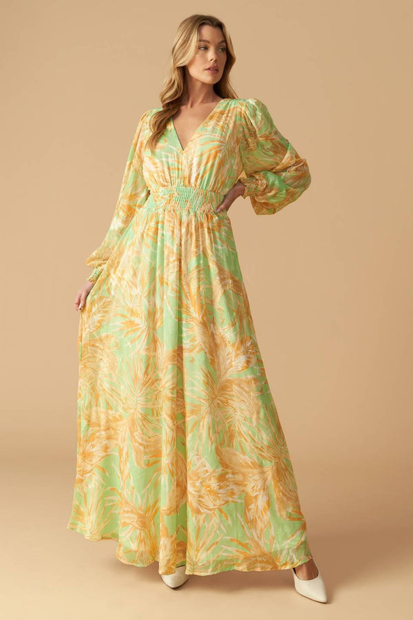 
A printed woven maxi dress featuring V neckline, long sleeve with smocked cuff and smocked waistband

Details:

Self : 100% Polyester
Lining : 100% Polyester

Size &amp; Fit

- Model is 5`10" And Wearing Size Small
- Measurements Taken From Size Small
- Approx. Length: 60"