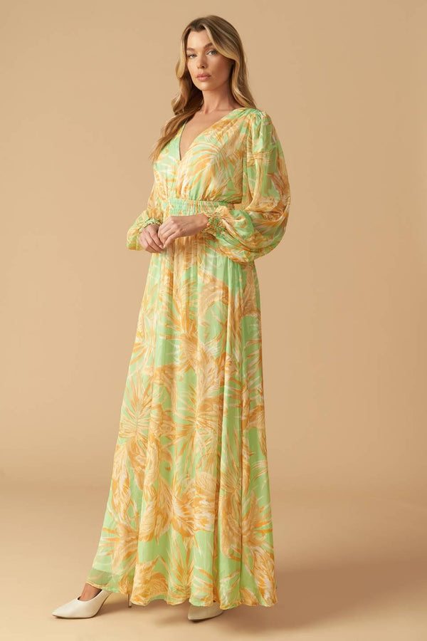 
A printed woven maxi dress featuring V neckline, long sleeve with smocked cuff and smocked waistband

Details:

Self : 100% Polyester
Lining : 100% Polyester

Size &amp; Fit

- Model is 5`10" And Wearing Size Small
- Measurements Taken From Size Small
- Approx. Length: 60"