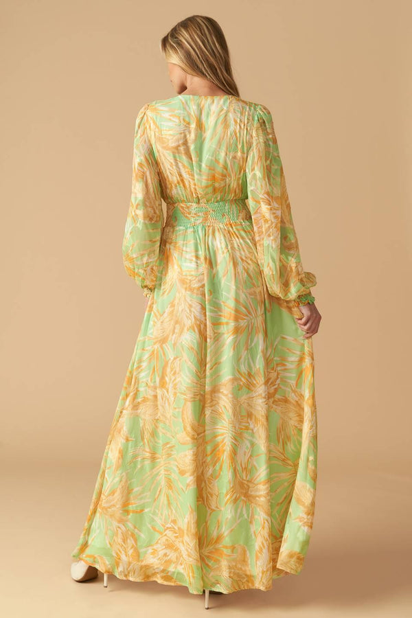 
A printed woven maxi dress featuring V neckline, long sleeve with smocked cuff and smocked waistband

Details:

Self : 100% Polyester
Lining : 100% Polyester

Size &amp; Fit

- Model is 5`10" And Wearing Size Small
- Measurements Taken From Size Small
- Approx. Length: 60"