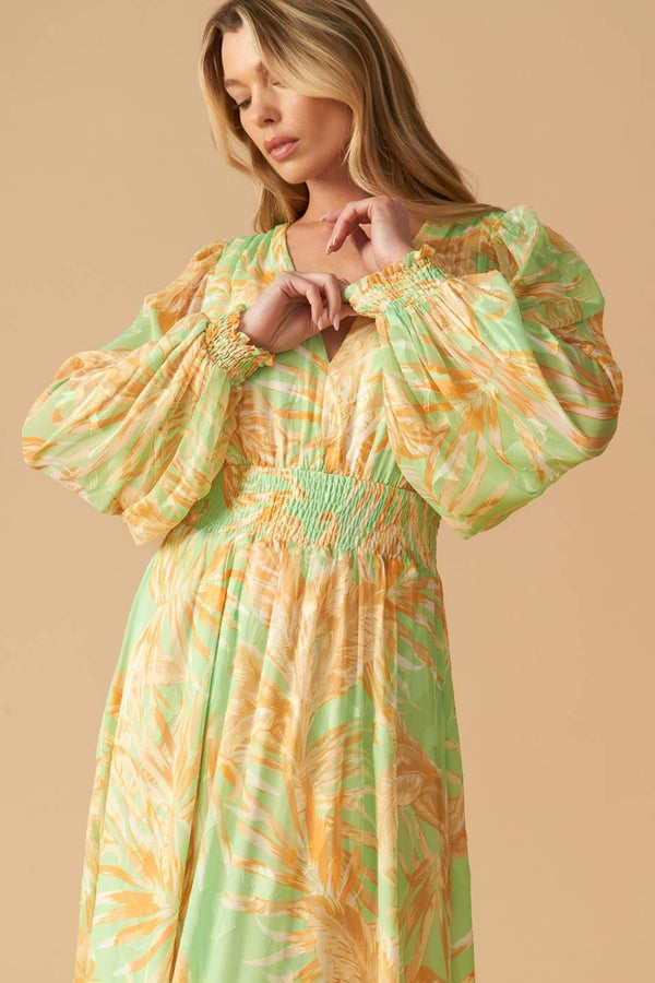 
A printed woven maxi dress featuring V neckline, long sleeve with smocked cuff and smocked waistband

Details:

Self : 100% Polyester
Lining : 100% Polyester

Size &amp; Fit

- Model is 5`10" And Wearing Size Small
- Measurements Taken From Size Small
- Approx. Length: 60"