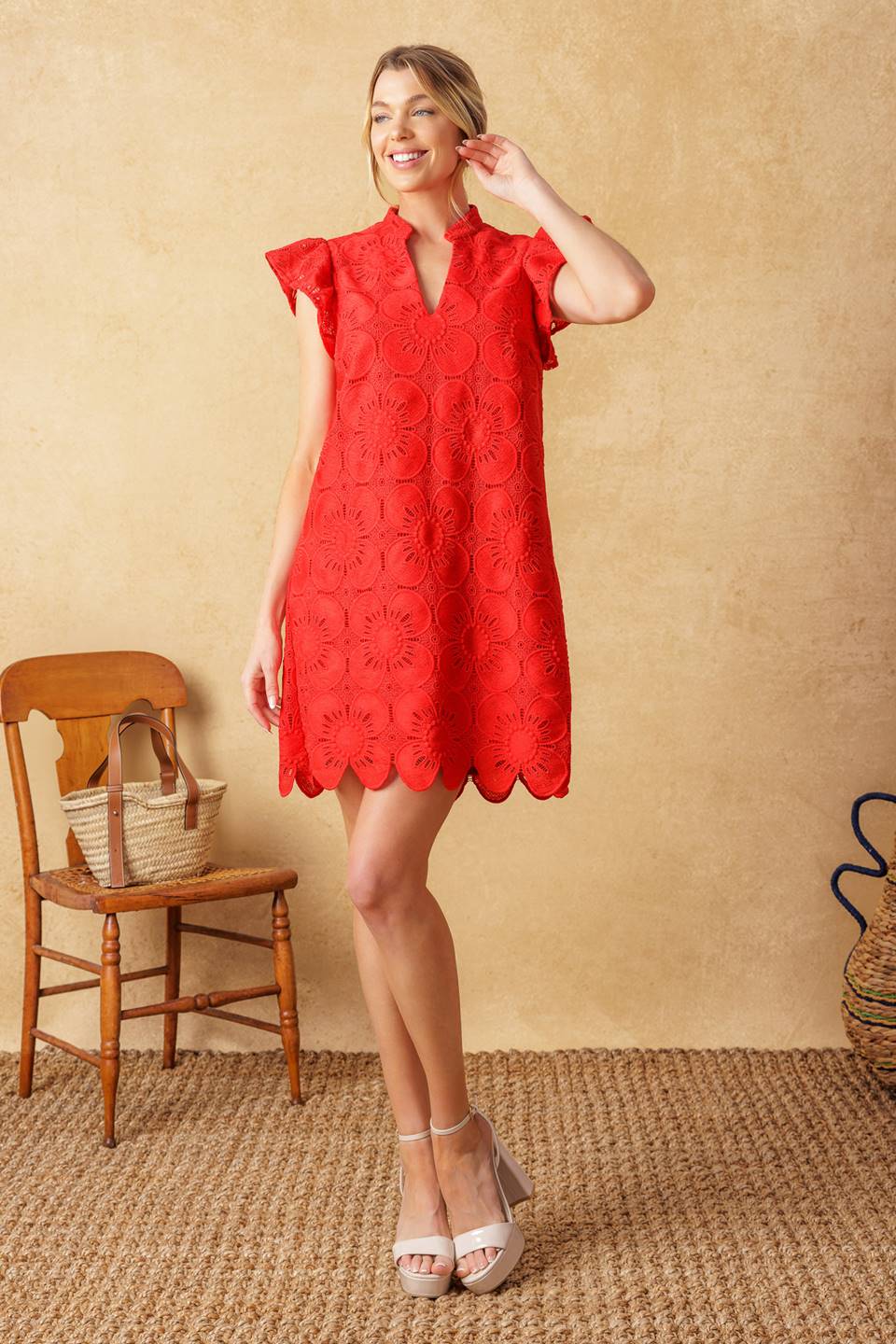 FLEETING WHISPERS LACE WOVEN MINI DRESS