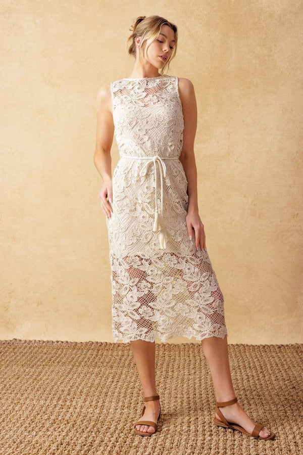 TIMELESS TREASURES LACE WOVEN MIDI DRESS.