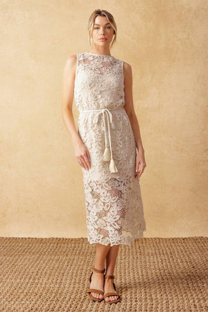 TIMELESS TREASURES LACE WOVEN MIDI DRESS.