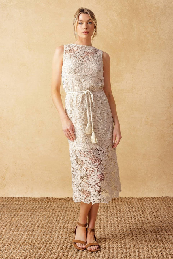 TIMELESS TREASURES LACE WOVEN MIDI DRESS.