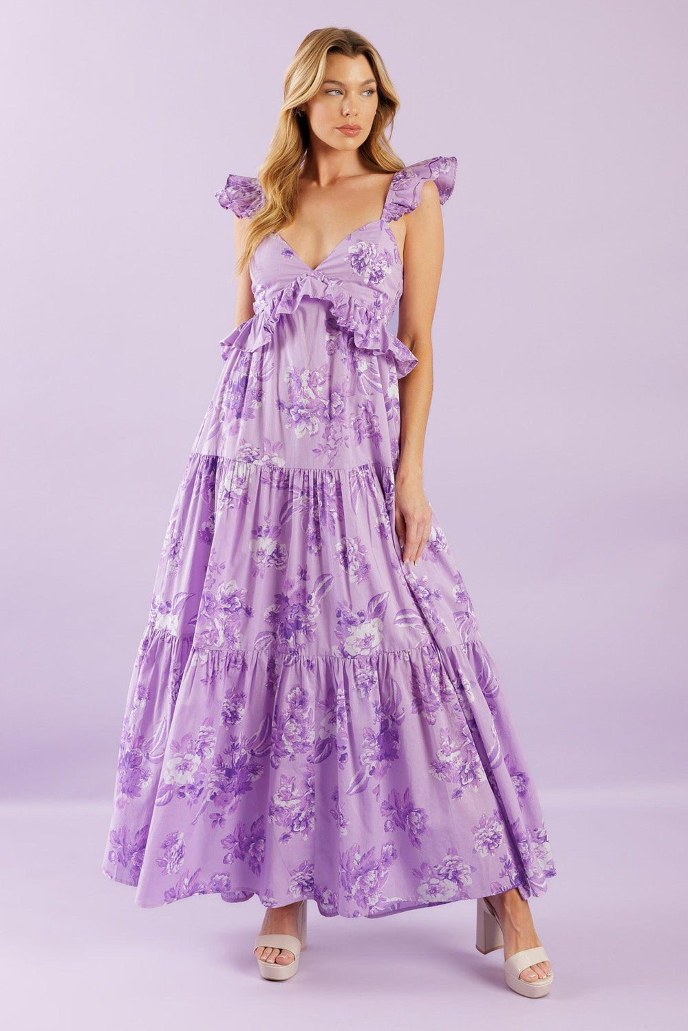 A playful woven maxi dress with a cami-style top, double layered sleeves, and a ruffled empire waist. Its tiered skirt and smocked back bodice add a fun and flowy touch.


Details:

Self : 100% Cotton
Lining : 100% Cotton

Size &amp; Fit

- Model is 5`8" And Wearing Size Small
- Measurements Taken From Size Small
- Approx. Length: 59" FLYING TOMATO