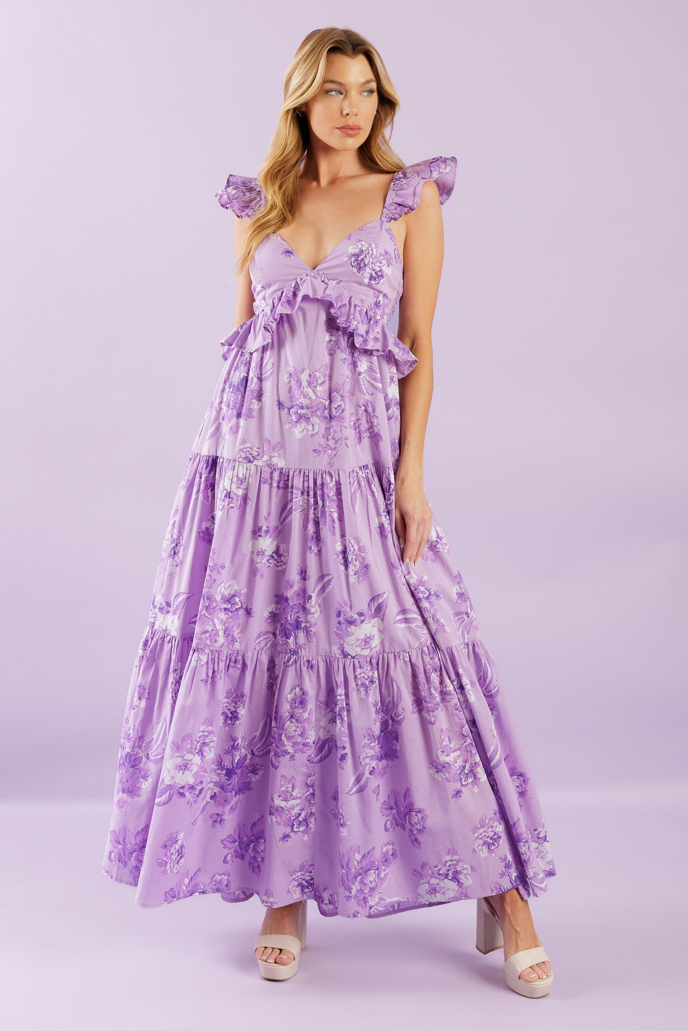 A playful woven maxi dress with a cami-style top, double layered sleeves, and a ruffled empire waist. Its tiered skirt and smocked back bodice add a fun and flowy touch.


Details:

Self : 100% Cotton
Lining : 100% Cotton

Size &amp; Fit

- Model is 5`8" And Wearing Size Small
- Measurements Taken From Size Small
- Approx. Length: 59" FLYING TOMATO