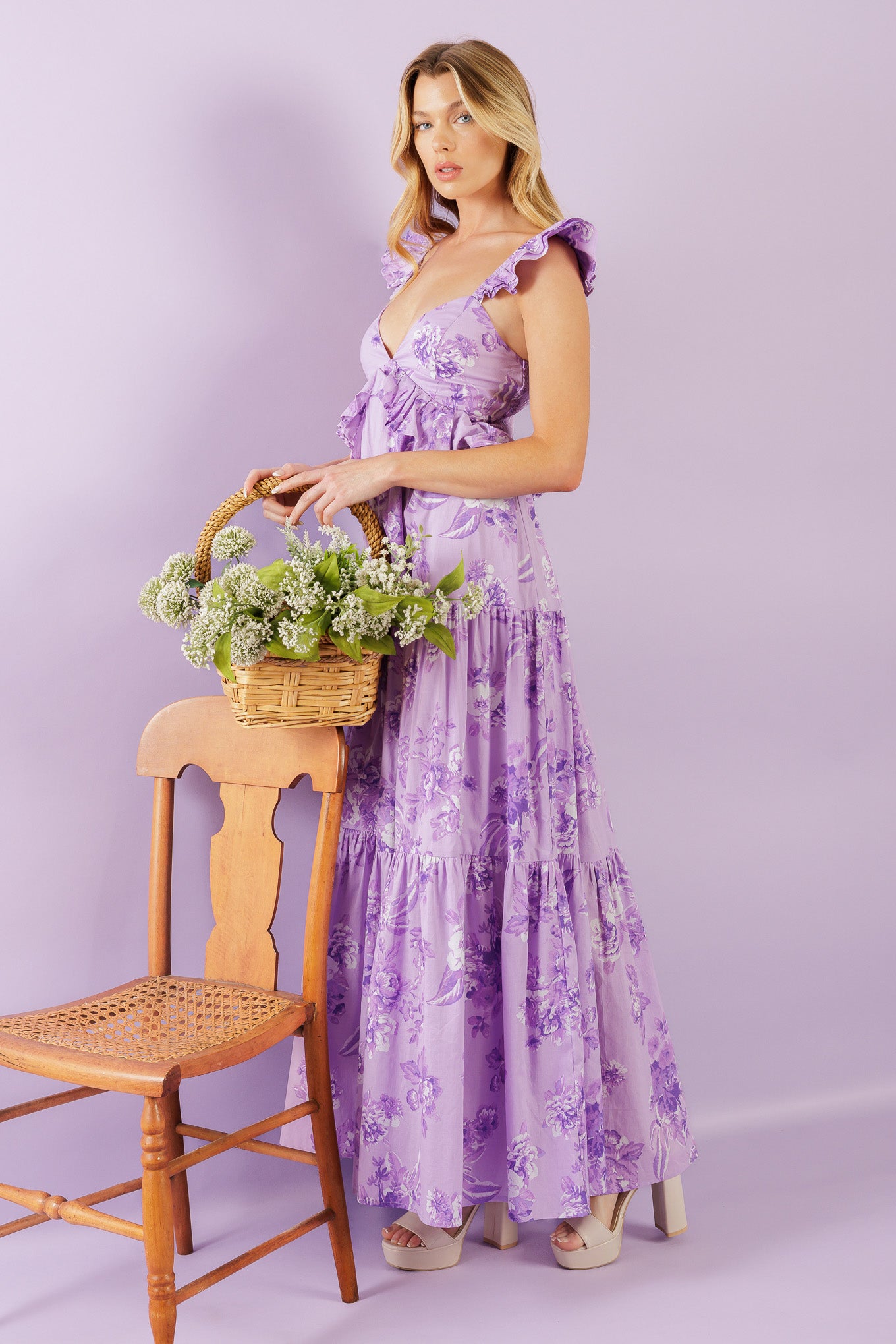 A playful woven maxi dress with a cami-style top, double layered sleeves, and a ruffled empire waist. Its tiered skirt and smocked back bodice add a fun and flowy touch.


Details:

Self : 100% Cotton
Lining : 100% Cotton

Size &amp; Fit

- Model is 5`8" And Wearing Size Small
- Measurements Taken From Size Small
- Approx. Length: 59" FLYING TOMATO