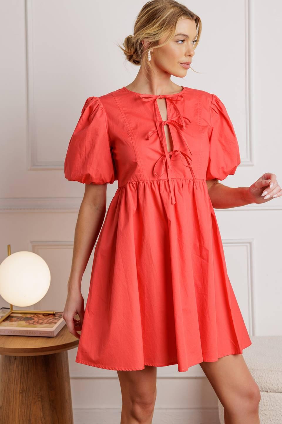 Red woven mini dress featuring puff sleeves and front tie details | Flying Tomato