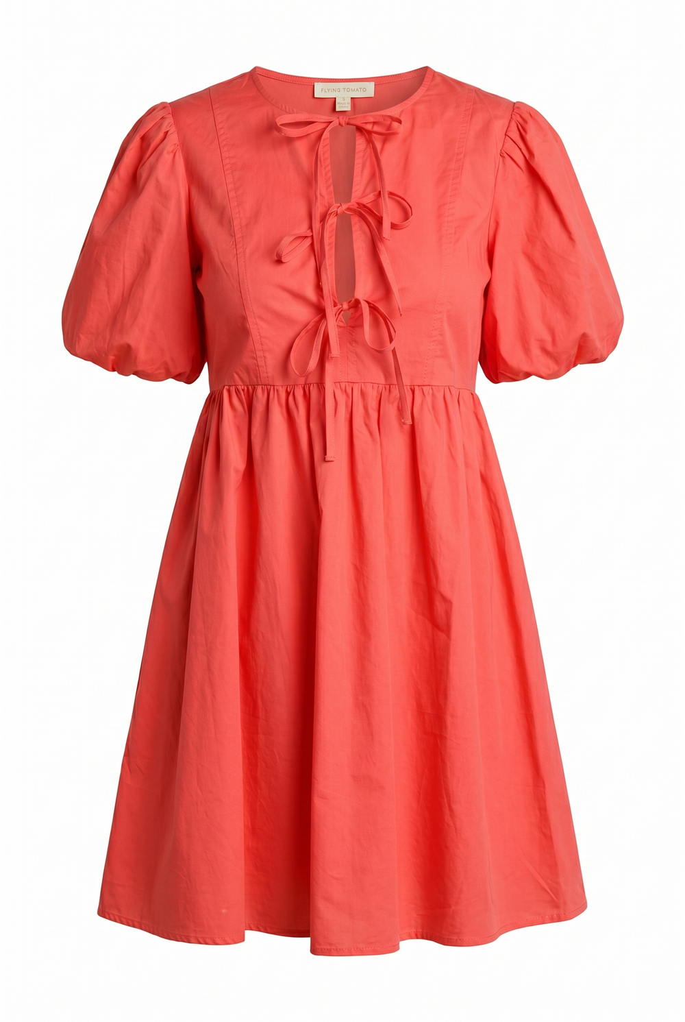 Red woven mini dress featuring puff sleeves and front tie details | Flying Tomato
