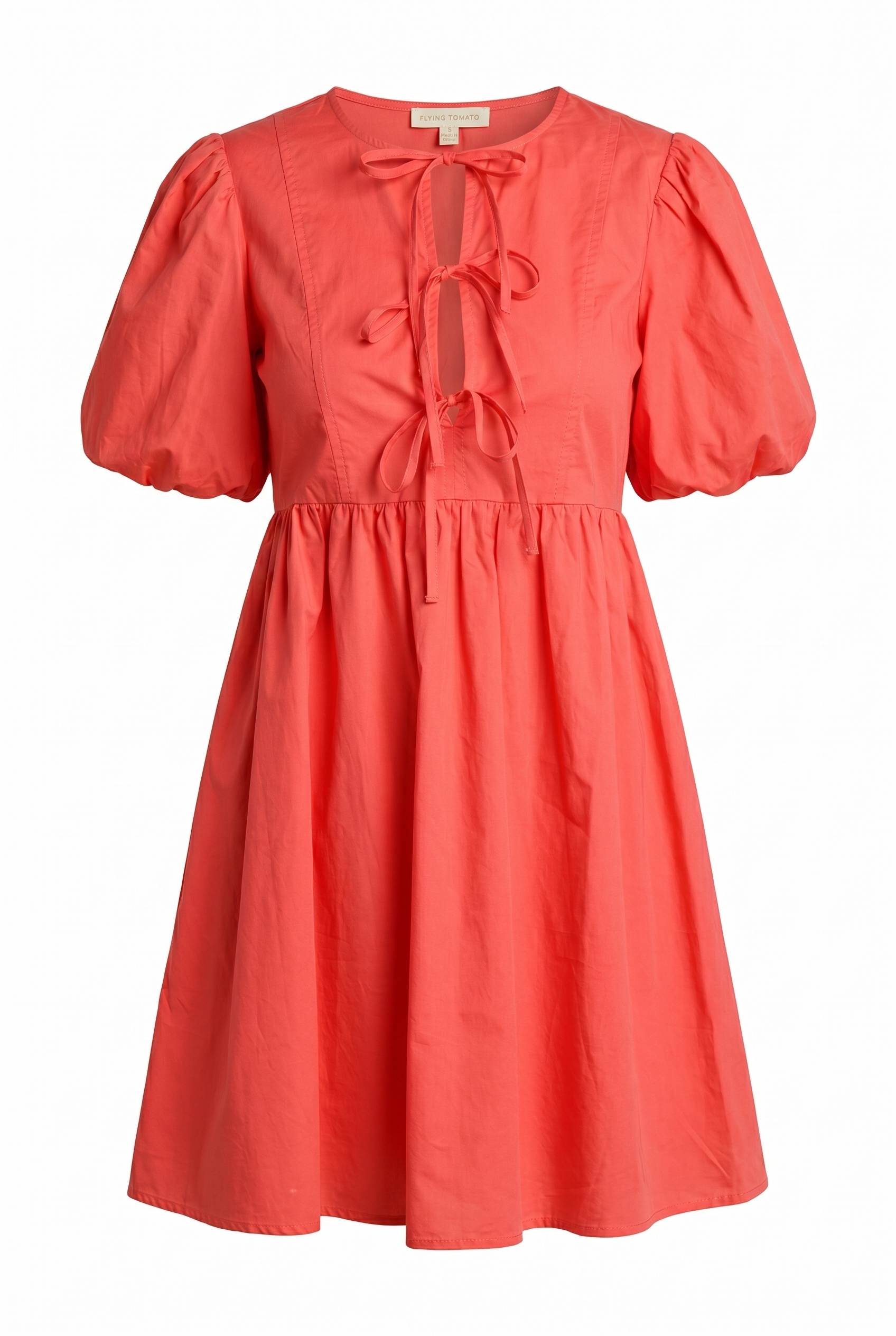 Red woven mini dress featuring puff sleeves and front tie details | Flying Tomato