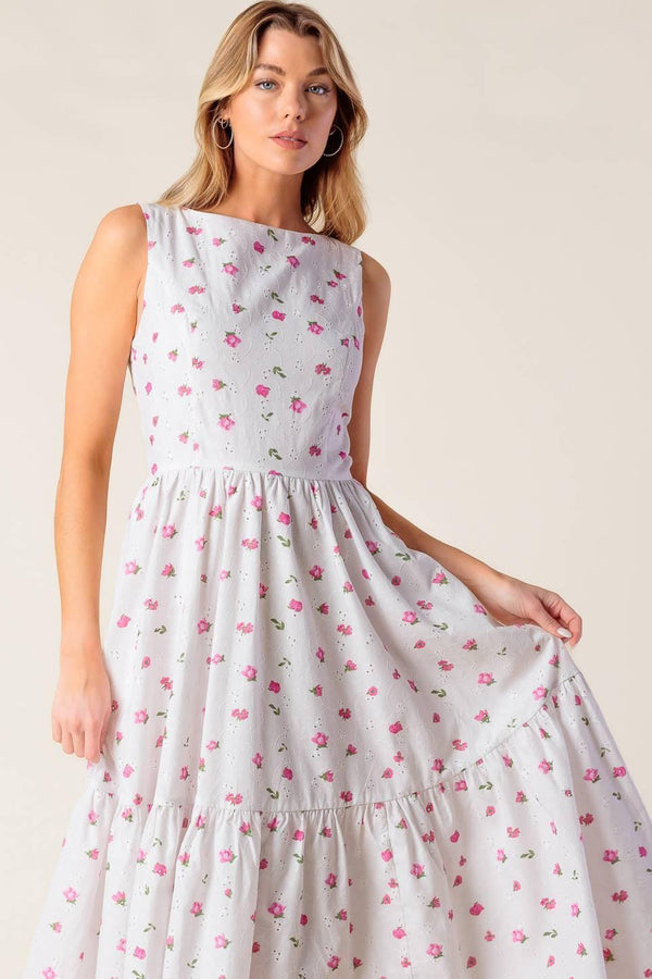 THENA GARDEN PARTY WOVEN EYELET MIDI DRESS.