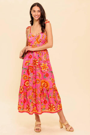 GARDEN GATHERING PINK WOVEN MIDI DRESS.