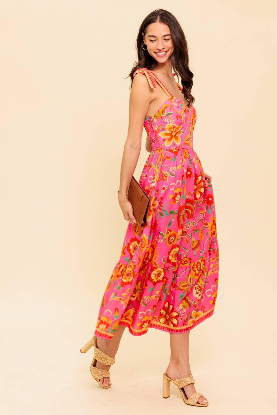 GARDEN GATHERING PINK WOVEN MIDI DRESS.
