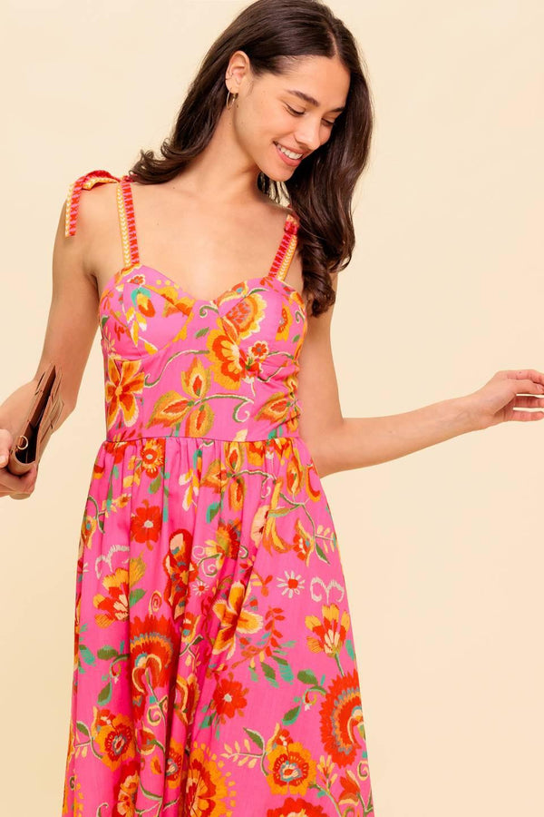 GARDEN GATHERING PINK WOVEN MIDI DRESS.