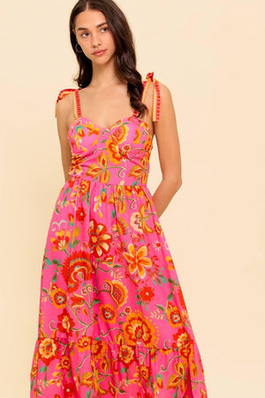 GARDEN GATHERING PINK WOVEN MIDI DRESS.