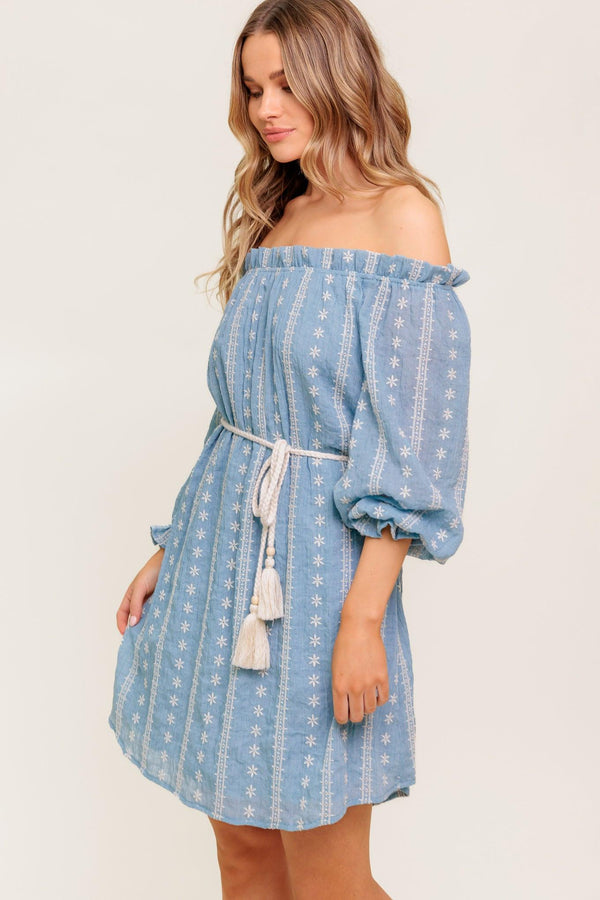 NO MORE CLOUDY SKIES WOVEN MINI DRESS.