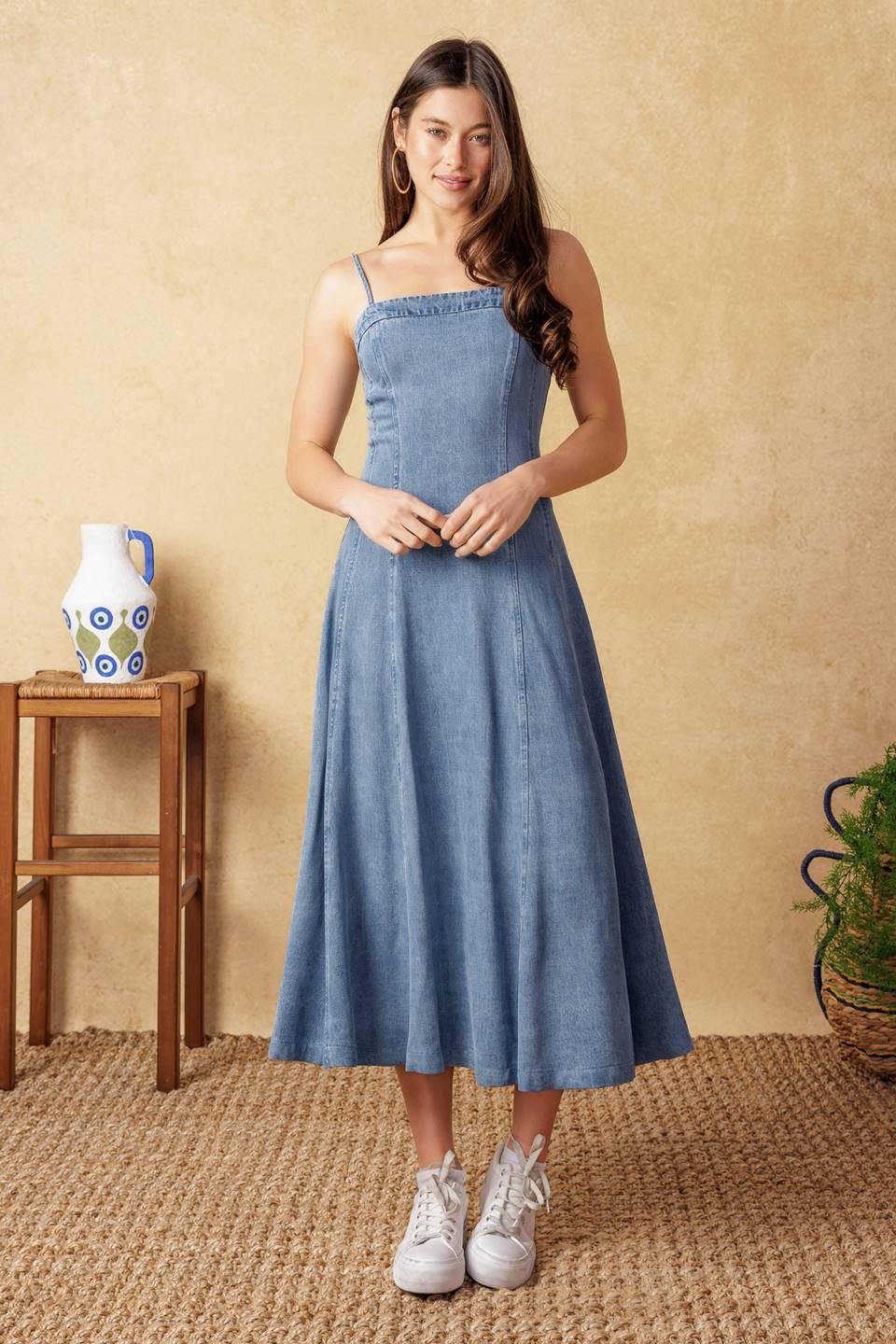 PUSH THE LIMIT DENIM MIDI DRESS.