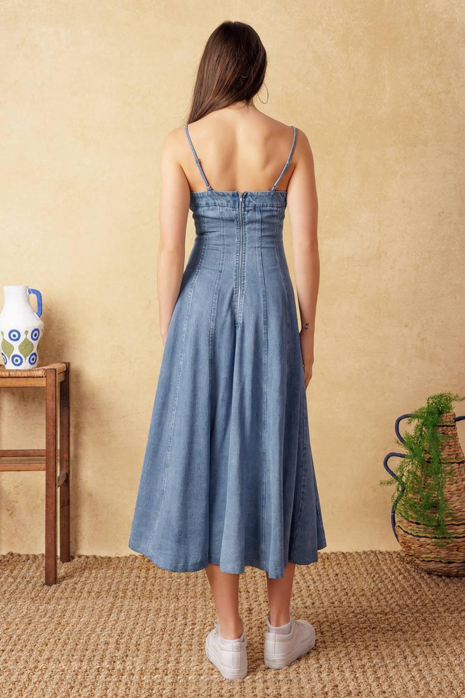 PUSH THE LIMIT DENIM MIDI DRESS.