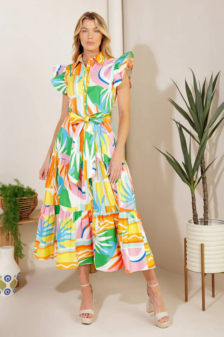 
A printed woven midi dress featuring collar, short ruffled sleeve, button down, self sash and tiered skirt

Details:

Self : 100% Cotton

Size &amp; Fit

- Model is 5`10" And Wearing Size Small
- Measurements Taken From Size Small
- Approx. Length: 52"