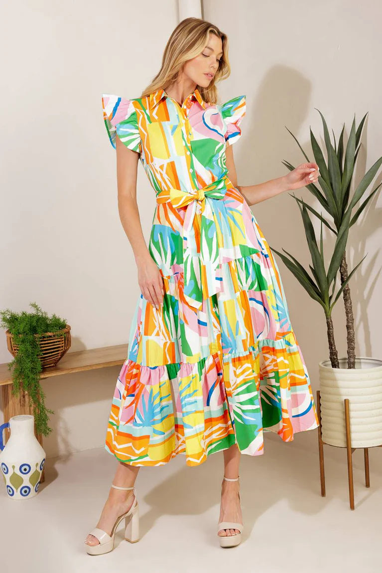 
A printed woven midi dress featuring collar, short ruffled sleeve, button down, self sash and tiered skirt

Details:

Self : 100% Cotton

Size &amp; Fit

- Model is 5`10" And Wearing Size Small
- Measurements Taken From Size Small
- Approx. Length: 52"