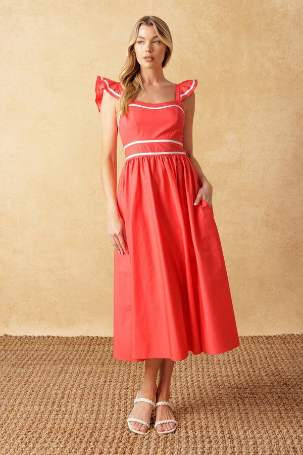 RAISING THE BAR WOVEN MIDI DRESS.