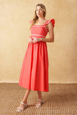 RAISING THE BAR WOVEN MIDI DRESS.