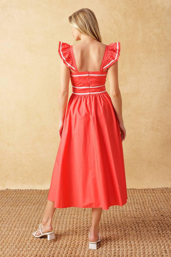RAISING THE BAR WOVEN MIDI DRESS.