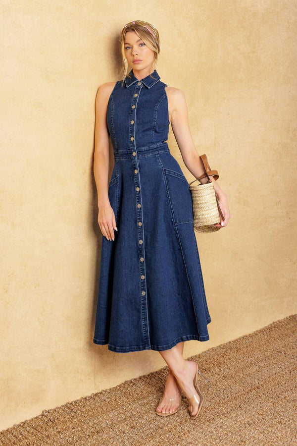 COOL GIRL DENIM MIDI DRESS.